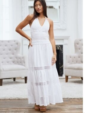 White Halter Maxi Dress with Crochet Smocked Bodice